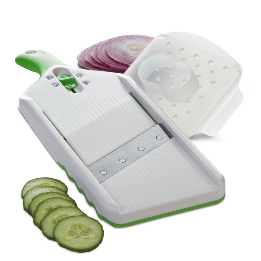 Professional Adjustable Mandoline Slicer with Safety Guard - Green and White